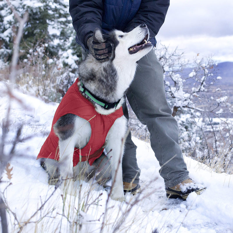 [Australia] - Kurgo Dog Jacket | Reversible Winter Jacket for Dogs | Pet Coat for Hiking | Water Resistant | Reflective | Lightweight | Wear with Harness | Athletic | Loft Jacket | For Small, Medium, & Large Dogs Chili Red/Charcoal 