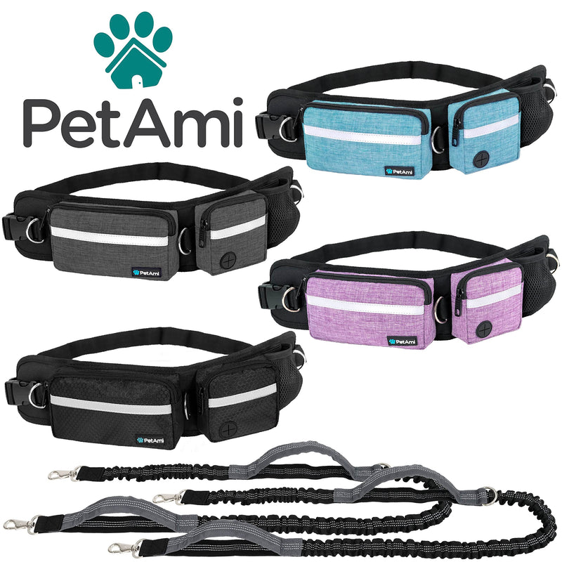 PetAmi Hands Free Dog Leash, Dog Running Leash Belt Bag for Walking, Jogging, Dog Waist Double Zipper Pouch with Poop Bag Dispenser, Dual Padded Handles Reflective Bungee Leash, Double 2 Leashes Turquoise - PawsPlanet Australia