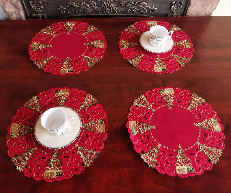 Holiday Christmas Placemat 14" Set of 4 ,Poinsettia Red Cutwork Embroidered Christmas Trees Dresser Scarf Table Topper For Home Dining Xmas Table Top Decoration (Placemat 14" Set of 4, Poinsettia) - PawsPlanet Australia