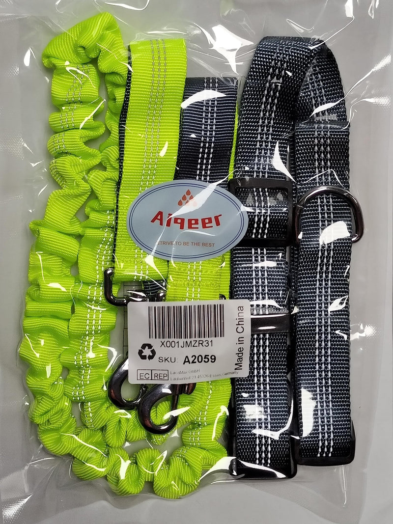 Aiqeer Hands-Free Dog Leash, Gray Adjustable Waist Belt and Green Stretchy Bungee Leash, Jogging Dog Leash with Reflective Stitching - PawsPlanet Australia