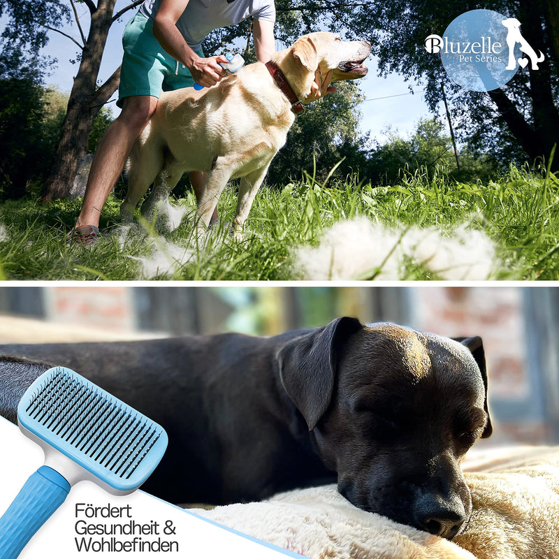 BLUZELLE animal care brush, pet brush for short hair and long hair, self-cleaning fur brush, animal hair brush, gentle cat brush, dog brush, grooming for dogs, cats etc., colour: blue blue - PawsPlanet Australia