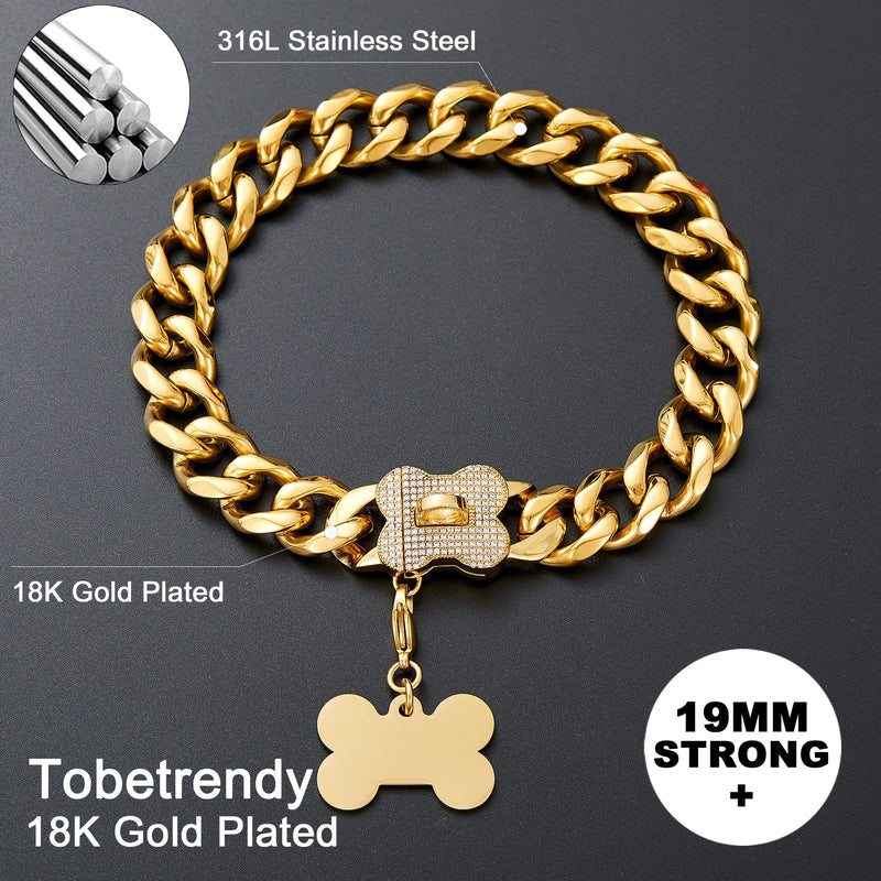 ToBeTrendy Dog Chain Collar Metal Chain with Bling Bling Design Secure, 18K Gold Cuban Link Chain 19MM Strong Heavy Duty Chew Proof Walking Collar for Small Medium Large Dogs(Flower Buckle, 12") Flower Buckle 12"(For Dog Neck 9.5-11.5") - PawsPlanet Australia