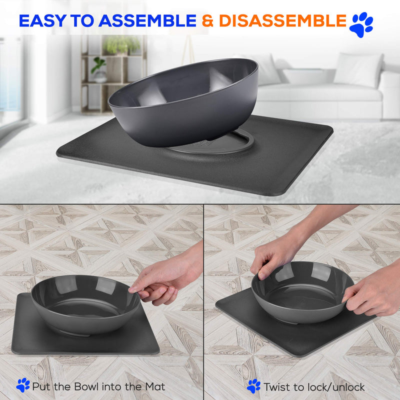 [Australia] - Non Skid Pet Bowl Set - No Flip Dog Bowl Dog Spill Proof Mat Set - Interlocking Non Skid Pet Puppy Cat Dog Bowl With Mat - Twisty Dish Food/Water Bowl for Mess Free Feeding - SereneLife SLTDG69 (Gray) Large Bowl 