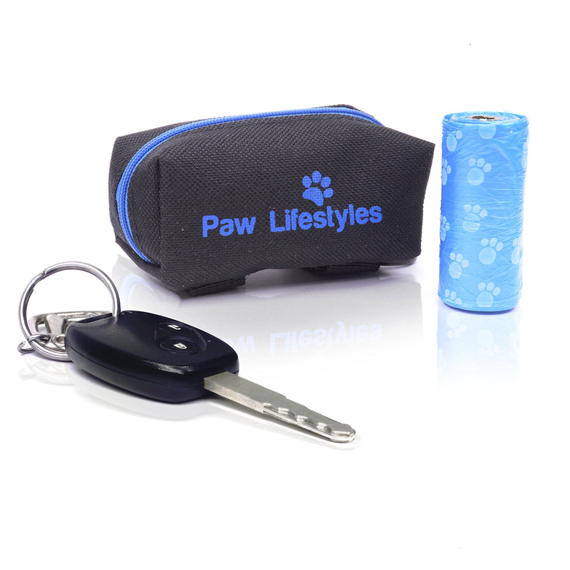 [Australia] - Paw Lifestyles Dog Poop Bag Holder Leash Attachment - Fits Any Dog Leash - Includes Free Roll of Dog Bags – Poop Bag Dispenser Black and Blue 