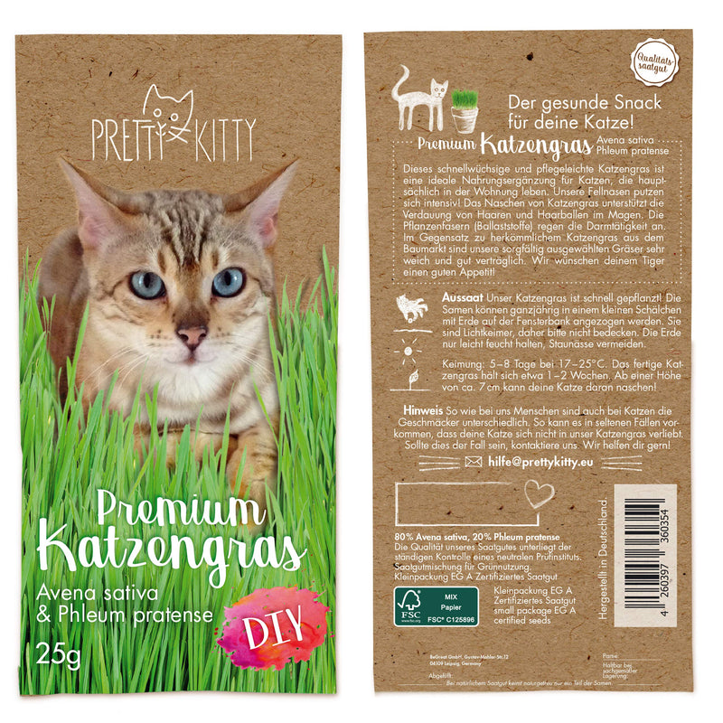 PRETTY KITTY Premium cat grass seed mix: 5 bags of 25g cat grass seeds for 50 pots of finished cat grass - a green cat meadow - natural cat treats - plant seeds - grass seeds 25 g (pack of 5) - PawsPlanet Australia