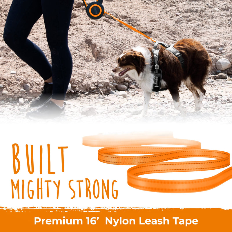 Mighty Paw Retractable Dog Leash 2.0 | 16’ Heavy Duty Reflective Nylon Tape Lead for Pets Up to 50 lbs. Tangle Free Design W/ One Touch Quick-Lock Braking System & Anti-Slip Handle. (Orange/Lite) Lite Orange - PawsPlanet Australia