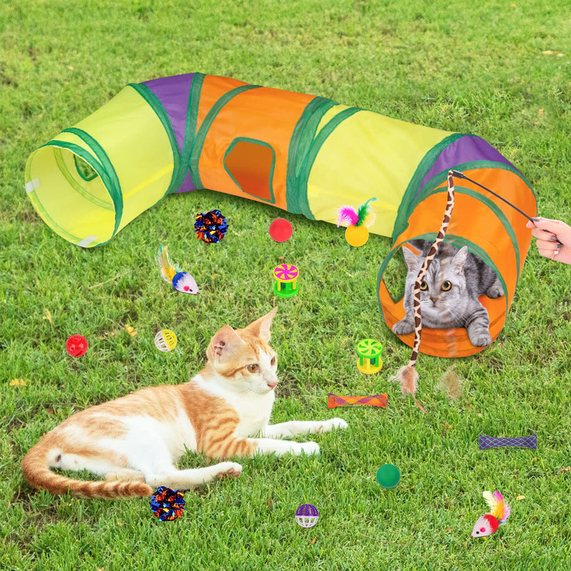 Retro Shaw Cat Toys Set, Interactive Cat Kitten Toys for Indoor Cats Kitty with Collapsible L Shape Cat Play Tunnel Tube Tent Cat Feather Wand Teaser Cat Bell Fuzzy Ball Springs Mouse Toys - PawsPlanet Australia
