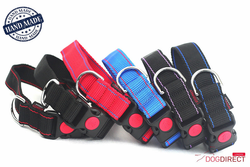 DOG COLLAR L and M size, HAND MADE, STRONG with a LOCKING MECHANISM for dog's safety Genuine DogDirect London (Medium, Blue-red) OM7 Medium - PawsPlanet Australia