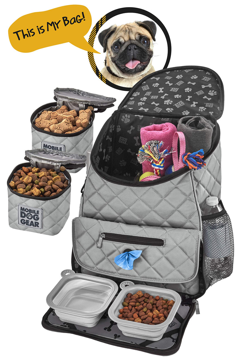 Mobile Dog Gear, Dog Travel Bag, Deluxe Quilted Weekender Backpack, Includes Lined Food Carriers and 2 Collapsible Dog Bowl Gray - PawsPlanet Australia