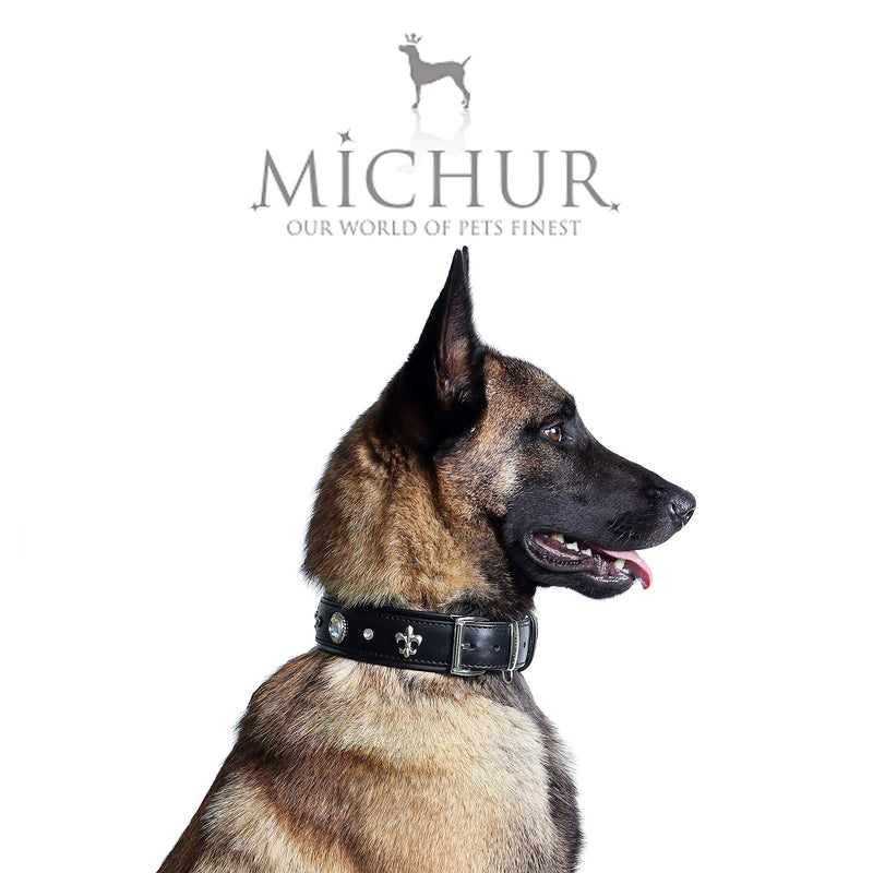 MICHUR Gala Dog Collar Leather, Leather Collar Dog, Collar, Black, LEATHER, with lilies, rhinestones and large crystal Neck circumference 12,20-14,17" - PawsPlanet Australia