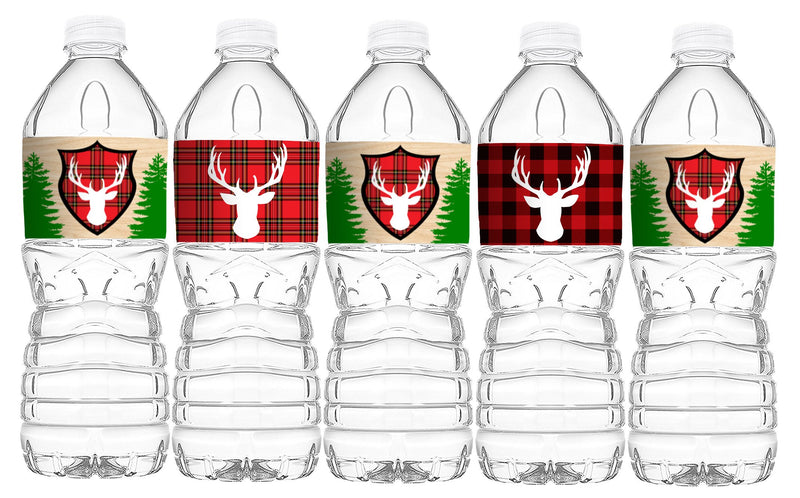 POP parties Woodland Reindeer Bottle Wraps - 20 Lumberjack Water Bottle Labels - Reindeer Lumberjack Camping Decorations - Made in The USA - PawsPlanet Australia