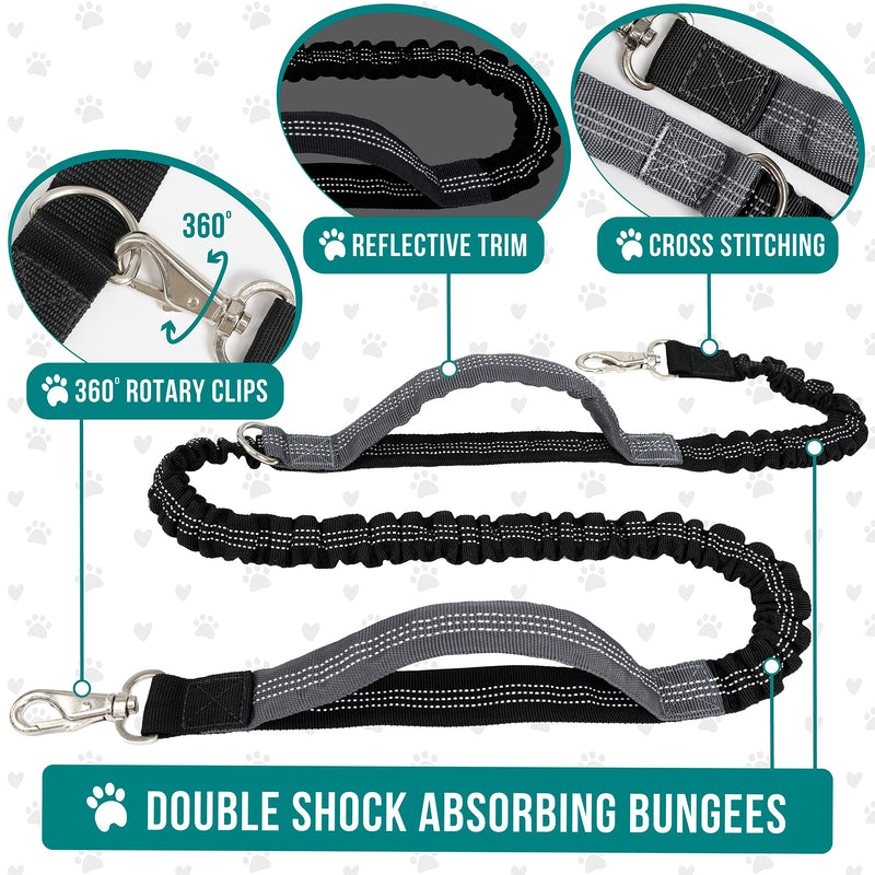 PetAmi Hands Free Dog Leash, Dog Running Leash Belt for Walking, Jogging, Dog Waist Zipper Pouch with Poop Bag Dispenser, Dual Padded Handles, Reflective Durable Bungee Leash, Single 1 Leash Charcoal Grey - PawsPlanet Australia