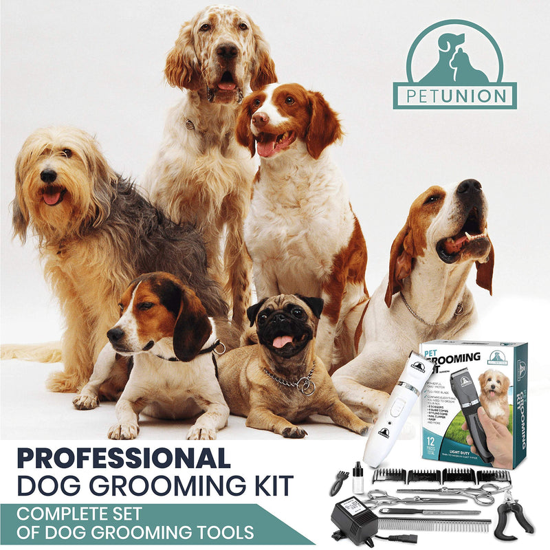 Pet Union Professional Dog Grooming Kit - Rechargeable, Cordless Pet Grooming Clippers & Complete Set of Dog Grooming Tools. Low Noise & Suitable for Dogs, Cats and Other Pets (White) White - PawsPlanet Australia