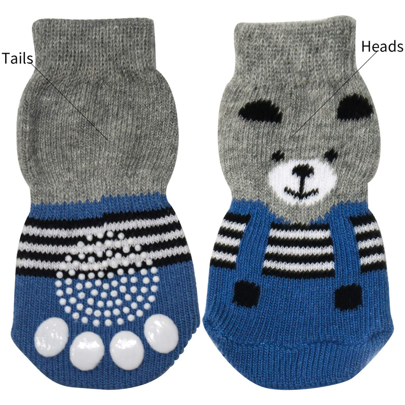 [Australia] - BESUNTEK Dog Socks Non-Slip Pet Socks with Rubber Reinforcement Knit Socks for Dogs with Traction Soles Dog Paw Protector for Indoor Wear,4PCS S Gray and Blue 