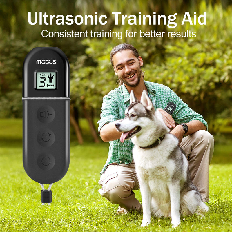 [Australia] - MODUS Anti-Barking Device, 3-in-1 Dog Training Device, 3 Ultrasonic Modes, Rechargeable Dog Barking Deterrent via USB Port, LCD Screen Display, Control Range up to 16.4 Ft, Outdoor and Indoor 