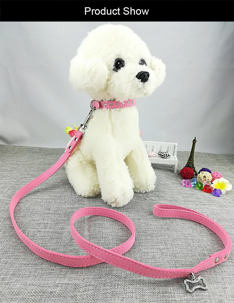 Newtensina Cute Diamante Puppy Collar and Leash Set Bling Suede Collar with Lead for Small Dogs Cats - Pink - S - PawsPlanet Australia