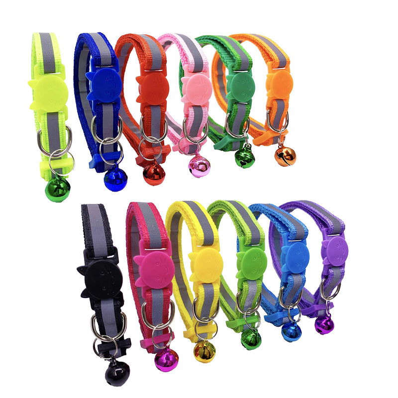 [Australia] - PACCOMFET 12 Pcs Breakaway Cat Collar Nylon Reflective Cat Collar with Bell, Multicolor, Safe and Durable 