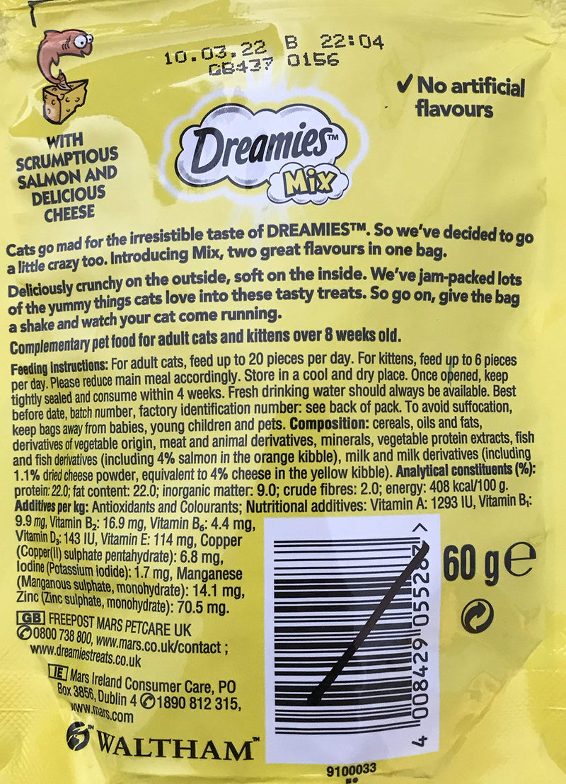 Dreamies Cat Treats Bundle - 2 Flavours - Tantalising Turkey and Scrumptious Salmon & Delicious Cheese 60g (one of each) - PawsPlanet Australia