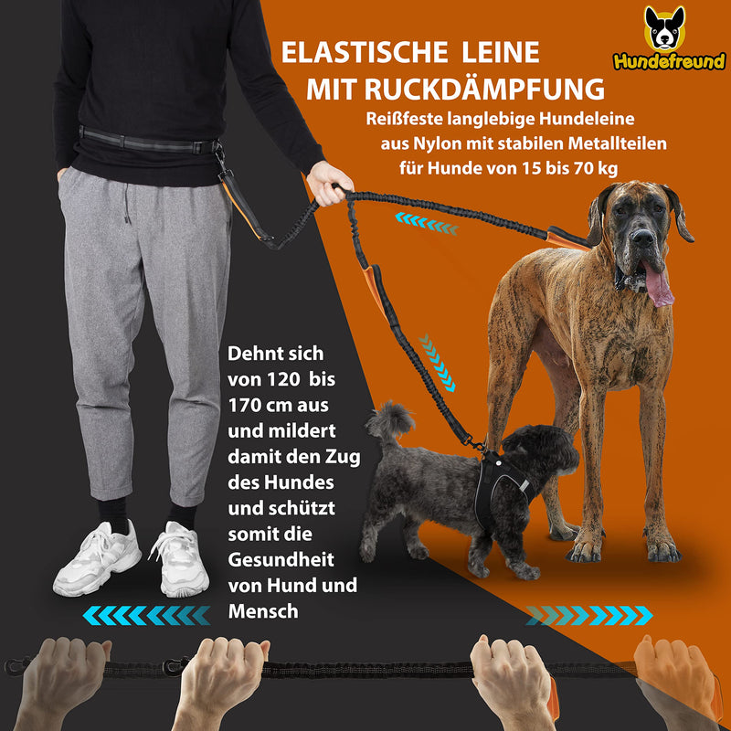 Dog friend jogging leash for large dogs from 15 kg | Elastic hands-free leash with light waist strap | Detachable dog leash with 2 soft loops | Orange running leash (120 cm, stretches up to 170 cm) - PawsPlanet Australia