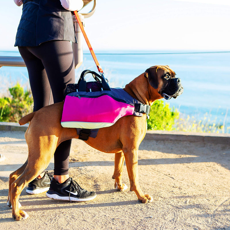 [Australia] - Bum's Pack Dog Backpacks, Luminous & Reflective Hiking Pack for Dogs, Water Bottle Included Camping & Travel Saddlebag for Dogs, Dog Float Coat, Dog Life Jacket, Dog Backpacks for Medium & Large Dogs Pink 