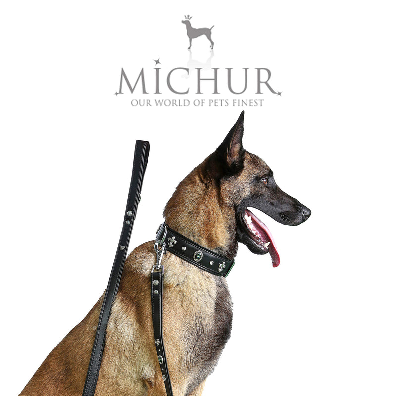 MICHUR El Pavo Dog Collar Leather, Leather Collar Dog, Collar, Black, LEATHER, with lilies, rhinestones and big peacock eye Neck circumference 20,47-22,83" - PawsPlanet Australia