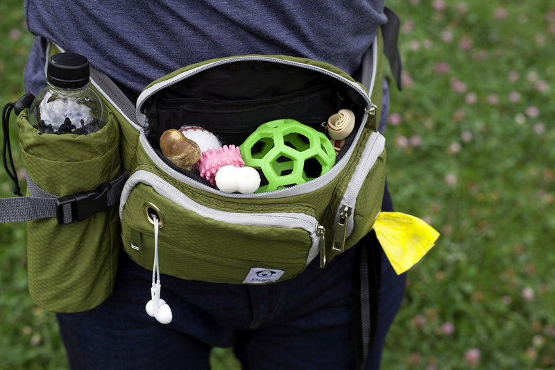 Dog Walk Waist Fanny Pack Treat Pouch with Collapsible Water Bowl and Water Bottle Holder - Small/Medium Dogs Medium Olive Green - PawsPlanet Australia