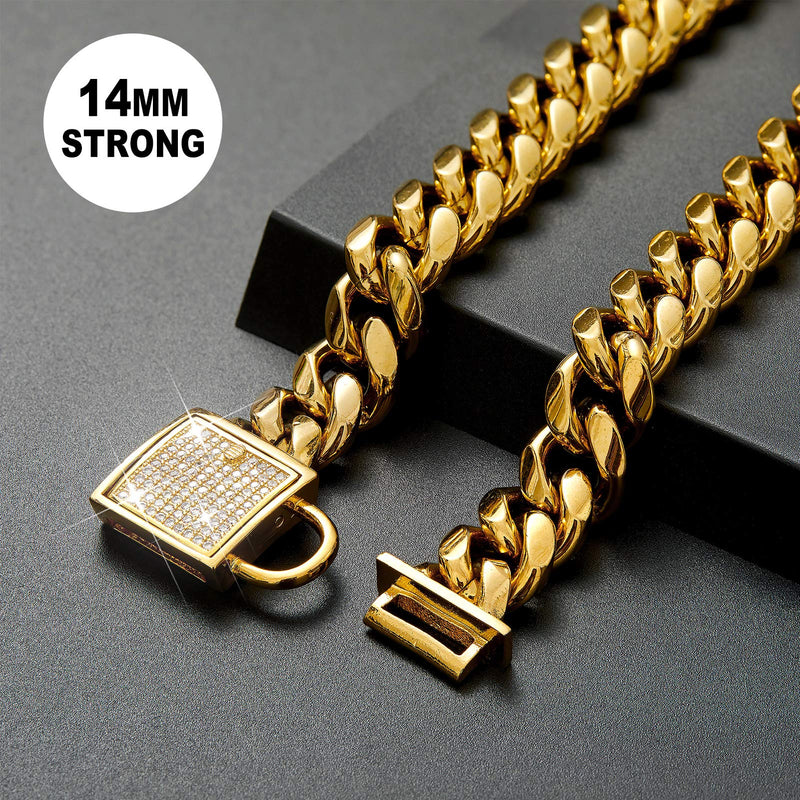 ZZOHAA Gold Pet Dog Collar Necklace with CZ Diamond Buckle,Wide:14mm,Stainless Steel Metal Cuban Link Chain Dog Collar for Small Medium Large Dogs (14inch, Gold) 14inch - PawsPlanet Australia