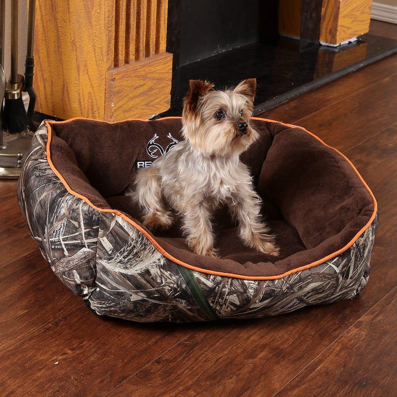[Australia] - Realtree Box Pet Bed for Dogs and Cats, Bolstered Walls for Support and Comfort Camo w/ Orange Piping 