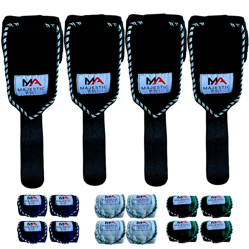 Majestic Ally Fleece Polo Leg Wraps with Braided Rope for Horses - Set of 4-5" X 10' Black - PawsPlanet Australia