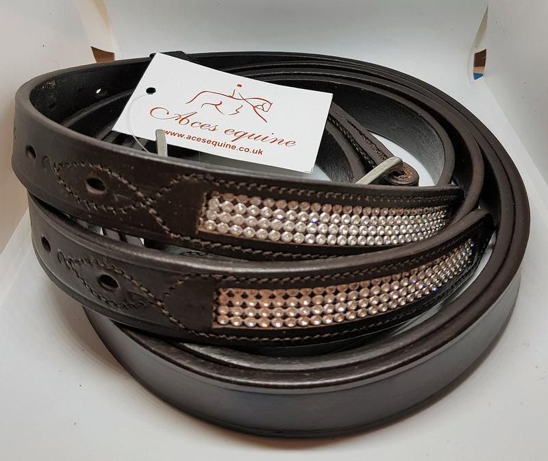 Aces GENUINE HORSE HEAVY DUTY STRONG BLING DIAMANTE STIRRUP LEATHER BROWN FULL (54") COB (52"), PONY (48") SS BUCKLE 54.0 Inches - PawsPlanet Australia