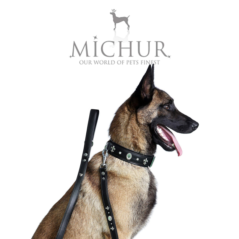 MICHUR Gala Dog Collar Leather, Leather Collar Dog, Collar, Black, LEATHER, with lilies, rhinestones and large crystal Neck circumference 12,20-14,17" - PawsPlanet Australia