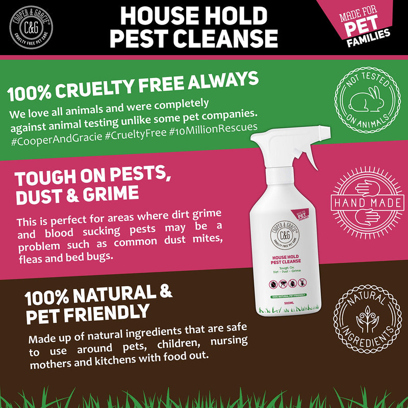 C&G Pets | HOUSE HOLD PEST CLEANSE 500ML | ELIMINATES FLEA BEDBUG MITE | 100% NATURAL & SAFE FOR ENVIRONMENT | PET & CHILDREN FRIENDLY | LONG-LASTING SPRAY | TOUGH ON DIRT DUST GRIME - PawsPlanet Australia