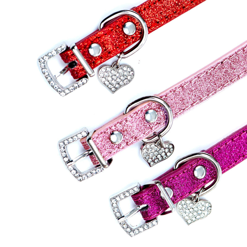 [Australia] - Bagoo Pets Stylish and Fashionable Rhinestone Shining Diamond Heart Pendant Leather and Glitter Collar for Dogs and Cats Hot Pink 