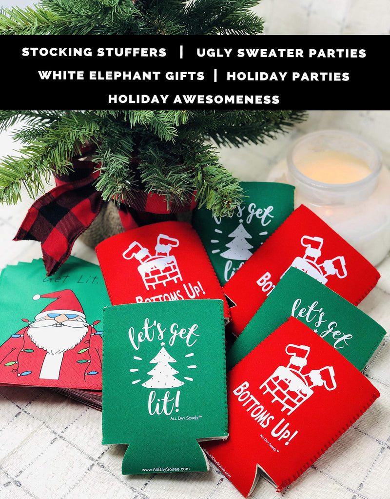 Holiday Festive Christmas in July Can Coolers - 6 Pack | Bottoms Up Let's Get Lit Stocking Stuffer Gifts - Funny Ugly Sweater Party Prize, Favors, Decorations & Supplies (Red/Green) Red/Green - PawsPlanet Australia