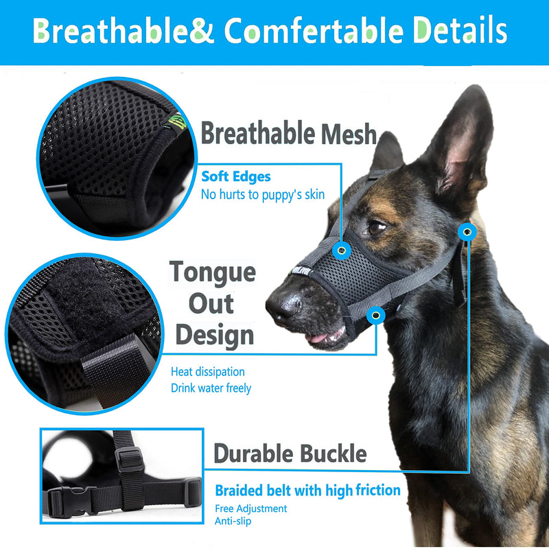 MoiiLavin Dog Muzzle Breathable Nylon Soft mesh Anti-Biting Barking Secure Chewing for Medium Large Small Dogs Allows Drinking Panting with 2 Finger Dog Toothbrushes Black S - PawsPlanet Australia