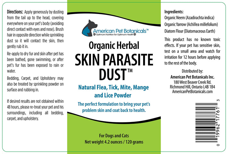 American Pet Botanicals Skin Parasite Dust. Organic Herbal Powder Safe for Dogs and Cats. No Harmful Chemicals! 1 Pack - PawsPlanet Australia