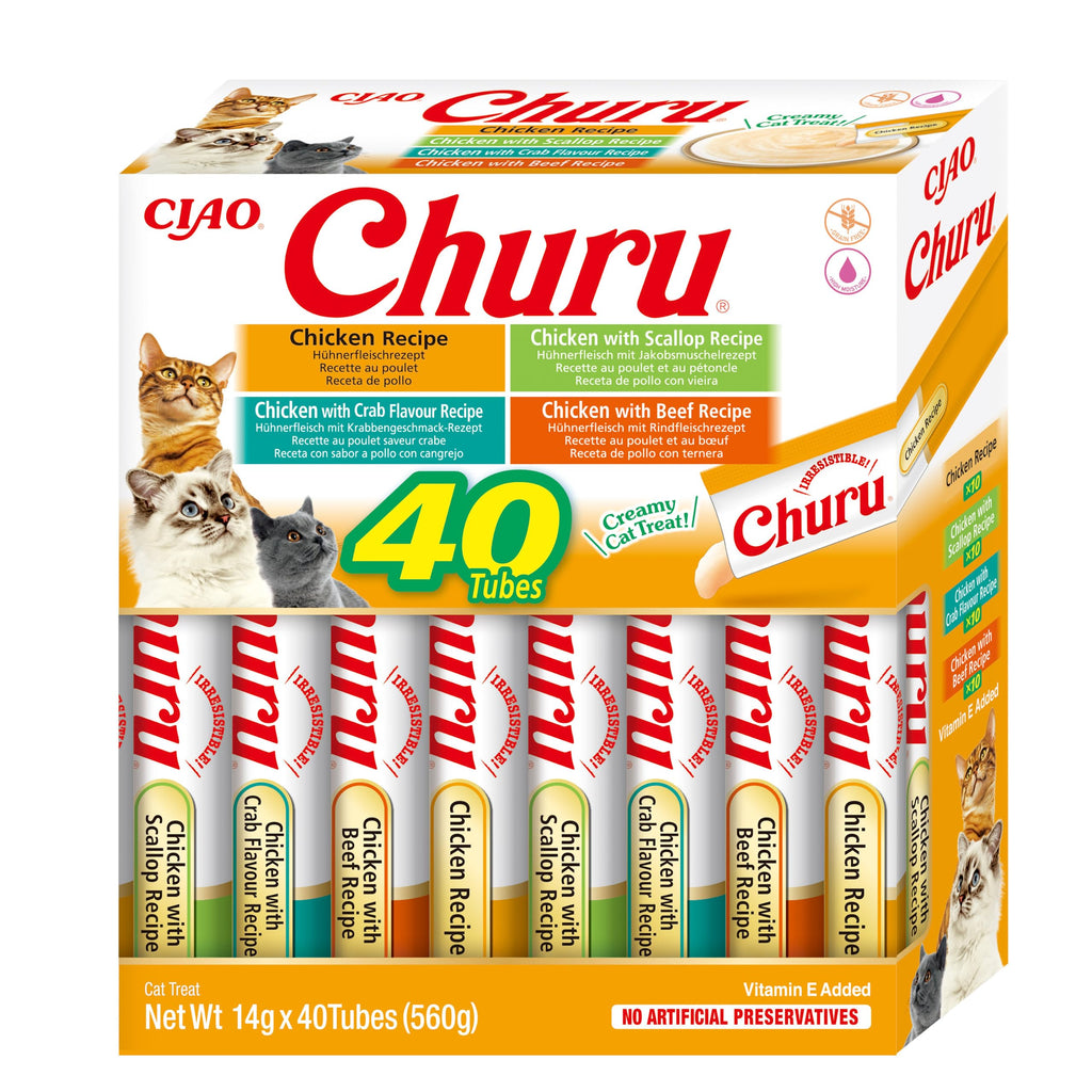 INABA Churu Puree Multipack - cat treats for feeding. A total of 40 tubes: 10X chicken, 10X chicken with scallops, 10X chicken with crab and 10X chicken with beef various. Flavor multipack 40 sticks - PawsPlanet Australia