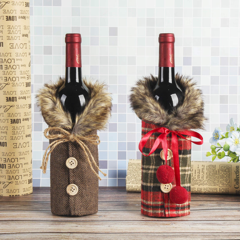 Tanlee 6 Pieces Christmas Sweater Wine Bottle Covers Plaid Wine Bottle Clothes Linen Wine Bottle Dress With Faux Fur Collar And Button Coat Design Wine Bottle Bags For Xmas Party Decorations (6) - PawsPlanet Australia