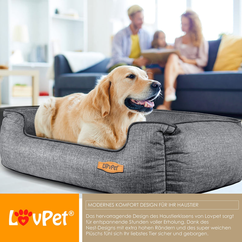 Lovpet® dog bed, dog cushion, dog basket, chiller, including bowl + 3 x chewing bones, dog sofa cushion for small, medium and large dogs, cover removable and washable, L 90 x 75 x 25 cm, gray L (90 x 75 x 25 cm) - PawsPlanet Australia