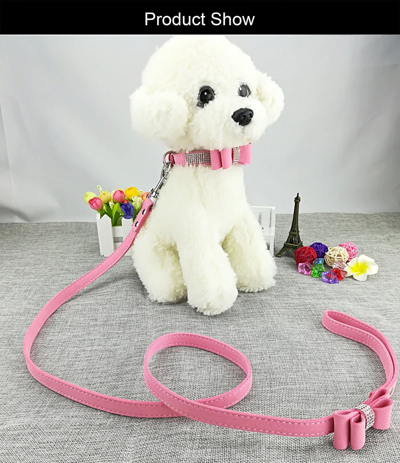 Newtensina Fashion Dog Collar and Lead with Bow Tie Bling Puppy Collar Leash with Bow for Dog - Pink - XS - PawsPlanet Australia