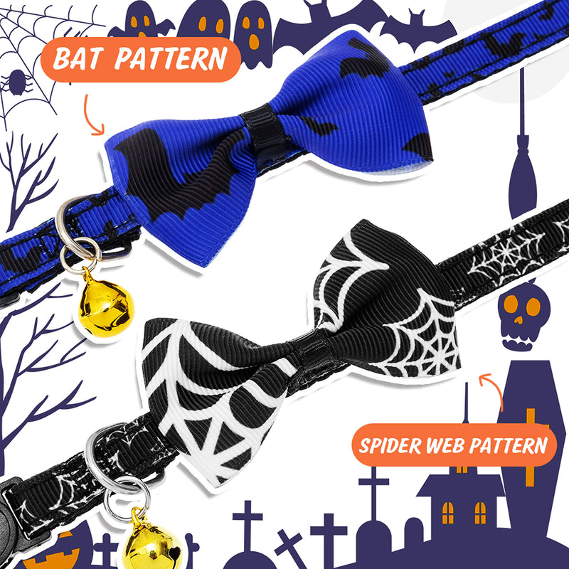 [Australia] - Halloween Cat Collar - Personalized Bow Tie Cute Collars with Bell, Bat & Spider Web Pattern Soft Nylon Collars, Adjustable Breakaway Safety for Small, Medium, Large Cats(Black&Blue) 