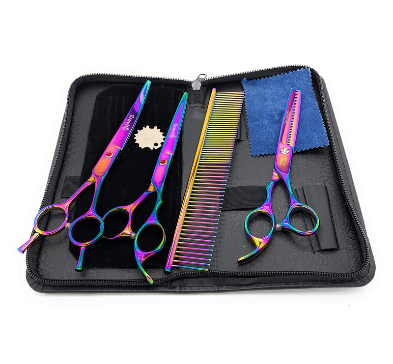 Gravitis Pet Supplies Professional Dog Grooming Scissors Four Piece Set with Case - 4 Pack: Curved Dog Scissors, Thinning Shears (Blending Scissors), Straight Scissors and Comb (Metallic Rainbow) - PawsPlanet Australia