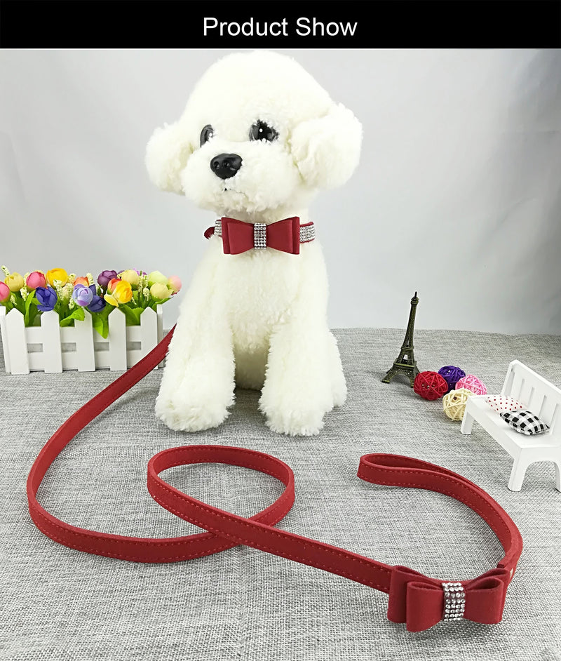 [Australia] - Newtensina Fashion Dog Collar and Lead with Bow Tie Bling Puppy Collar Leash with Bow for Dog Small Red 