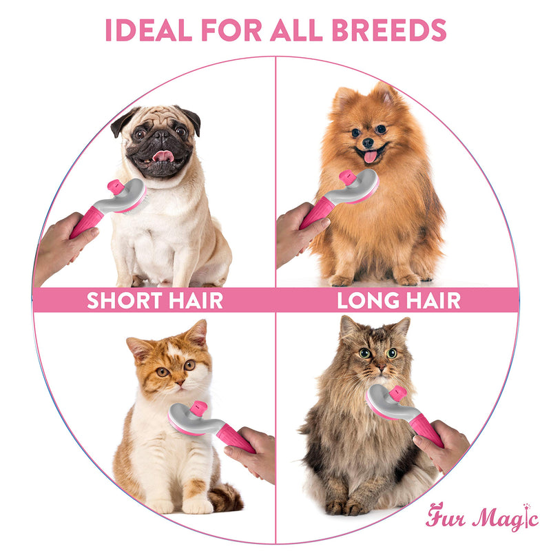 Fur Magic Self-Cleaning Grooming Brush, Slicker Brush for Dogs and Cats with Short Medium and Long Hair, Deshedding Tool Removes Mats and Tangles, Pink - PawsPlanet Australia