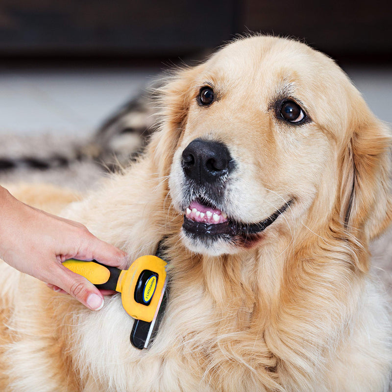 DakPets dog brush undercoat | Professional dog brush or cat undercoat brush | Cats and dog brush long hair | Stainless steel undercoat brush for dogs and cats yellow - PawsPlanet Australia