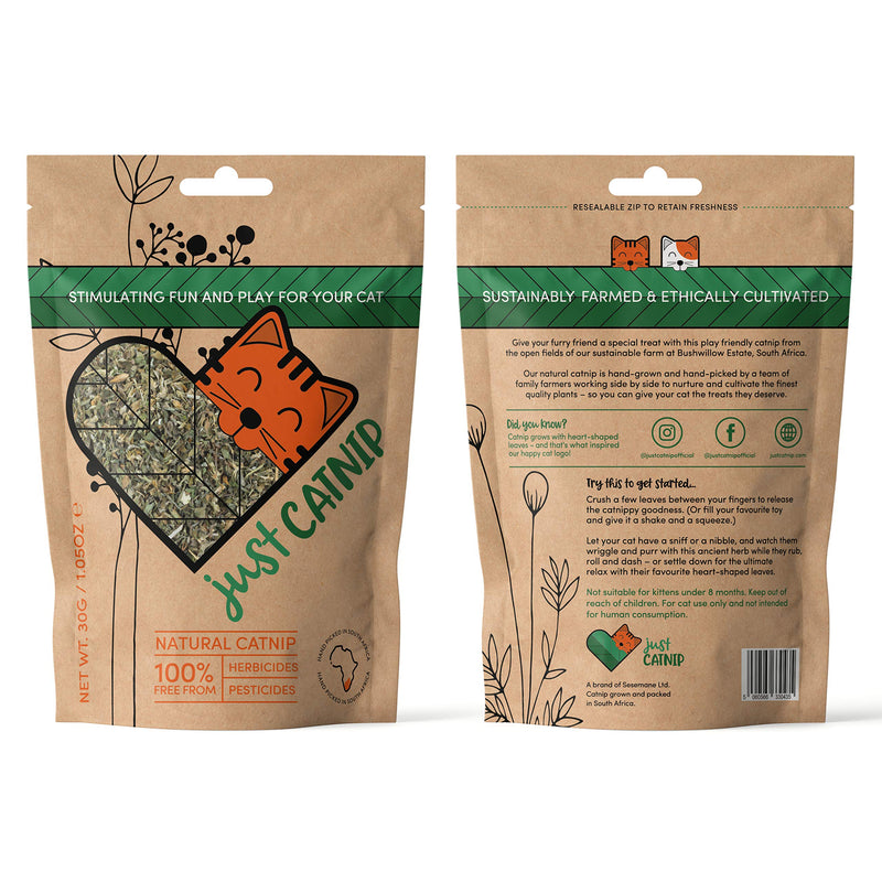 Just Catnip – 100% Natural Catnip for Cats, Grown in South Africa | Sustainably Farmed and Ethically Cultivated Cat Toy & Cat Treat | The Perfect Cat Nip Gift for Eco-friendly Animal Lovers! Catnip (30g) - PawsPlanet Australia