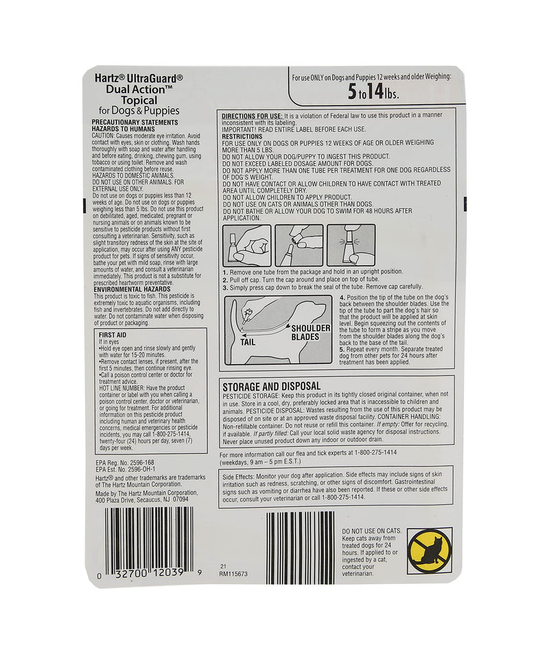 Hartz UltraGuard Dual Action Flea & Tick Topical Dog Treatment and Flea and Tick Prevention, 6 Monthly Treatments, 5-14 Pound Dogs - PawsPlanet Australia