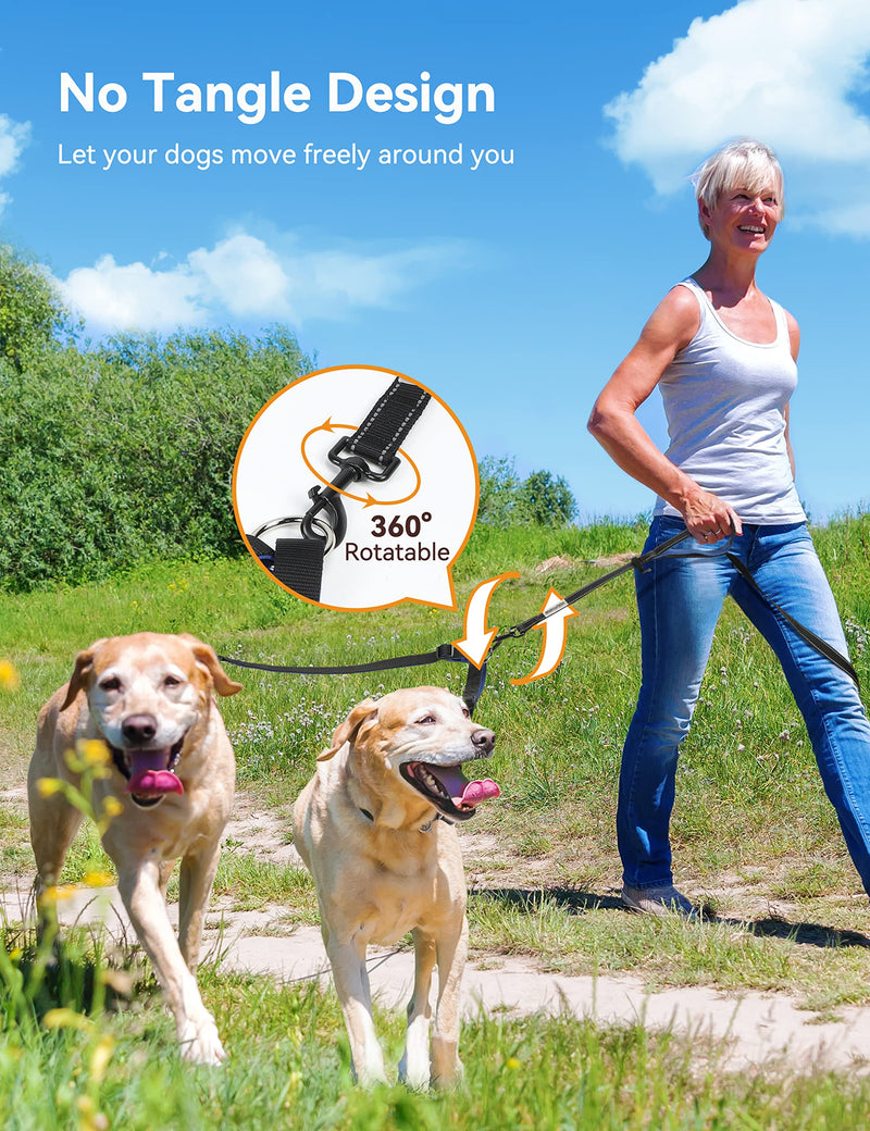 YOUTHINK Double Dog Lead, No Tangle 360°Swivel Rotation Two 2 Dog Lead Leash, Dog Lead for Walking 2 dogs No Tangle up to 80KG with Reflective Stitching & Waste Bag Dispenser Black - PawsPlanet Australia