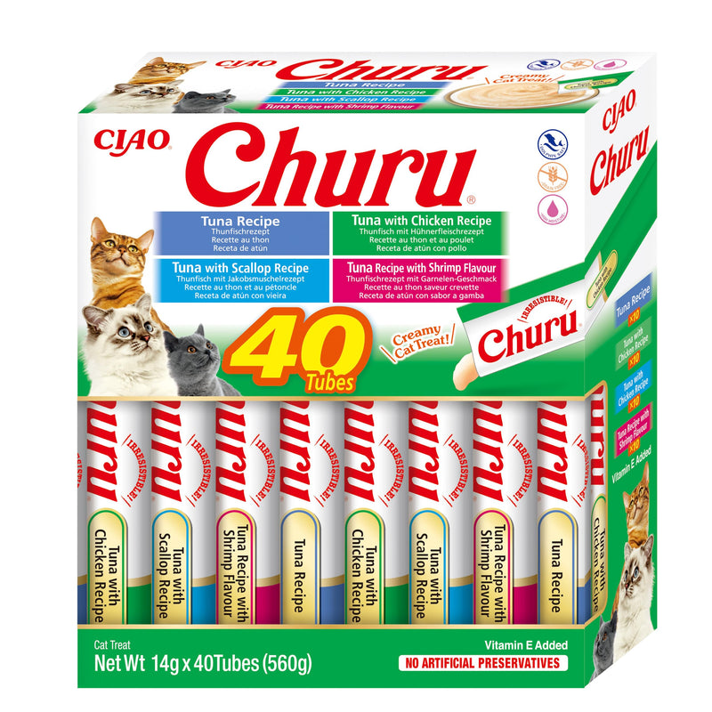 INABA Churu Puree Multipack - cat treats for feeding. Total 40 tubes: 10X tuna, 10X tuna with chicken, 10X tuna with scallops and 10X tuna with shrimp - PawsPlanet Australia