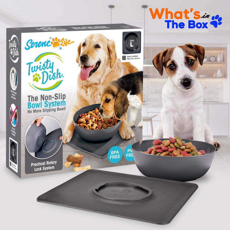 [Australia] - Non Skid Pet Bowl Set - No Flip Dog Bowl Dog Spill Proof Mat Set - Interlocking Non Skid Pet Puppy Cat Dog Bowl With Mat - Twisty Dish Food/Water Bowl for Mess Free Feeding - SereneLife SLTDG69 (Gray) Large Bowl 